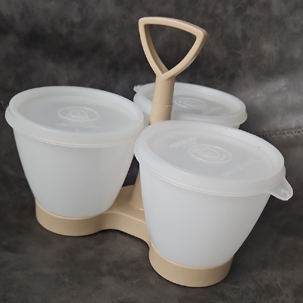 White and Tan Tupperware Condiment Storage Containers with Handle